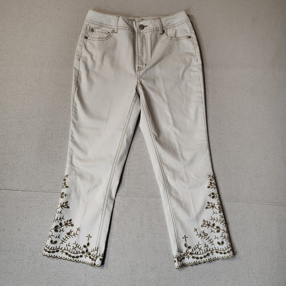 Cato Womens 6 White Embroidered Crop Jeans Scallop Hem Boho Cottage Western